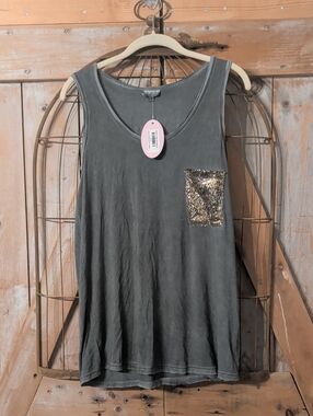 POL Sequin Pocket Tank Top - Gray